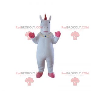 Hvid enhjørningsmaskot med lyserøde ben - Redbrokoly.com