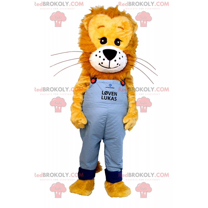 Lion mascot with hairy mane and blue overalls - Redbrokoly.com