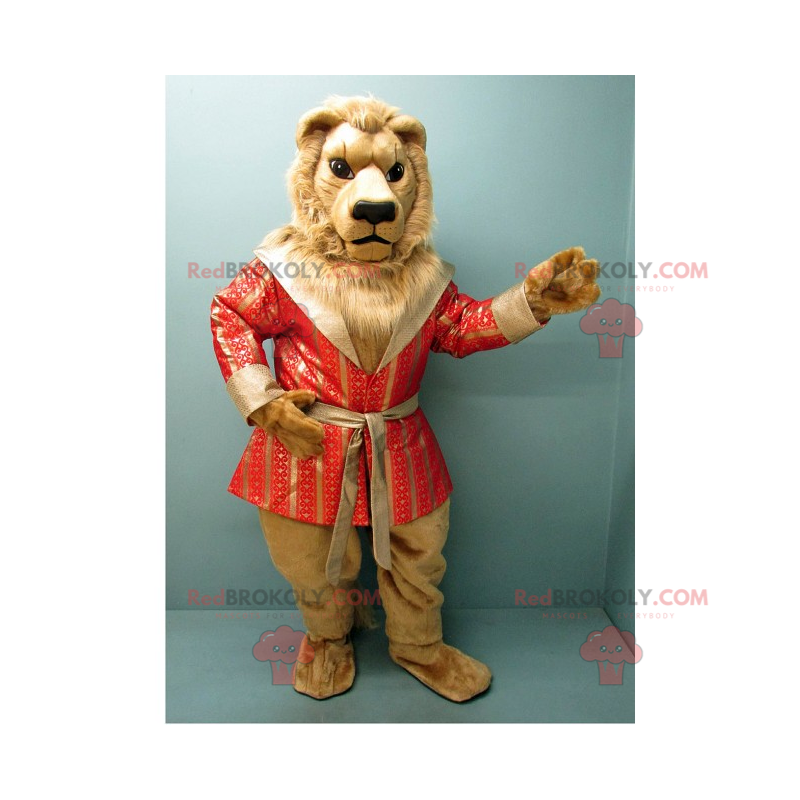Mascote leão com luxuoso roupão salmão - Redbrokoly.com
