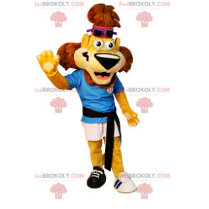 Lion mascot with sports outfit and mismatched basketball -