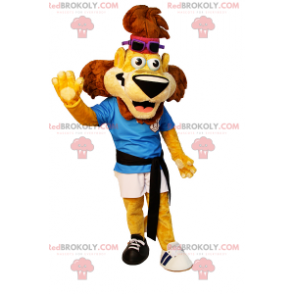 Mascote leão com roupa esportiva e basquete incompatível -