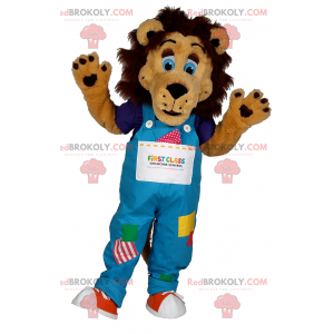 Lion maskot med blå øjne og overalls - Redbrokoly.com