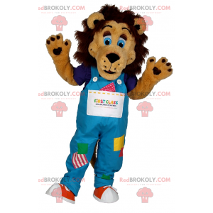 Mascotte de lion avec yeux et salopettes bleus - Redbrokoly.com