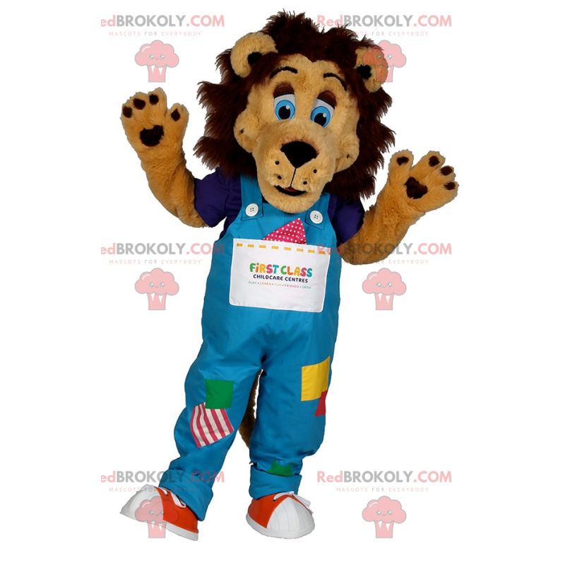 Maskot Lion s modrýma očima a kombinézou - Redbrokoly.com Maskot Lion s modrýma očima a kombinézou - Redbrokoly.com