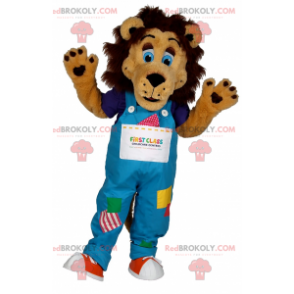Leeuw mascotte met blauwe ogen en overall - Redbrokoly.com