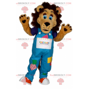 Mascote leão com olhos azuis e macacão - Redbrokoly.com