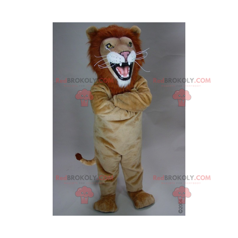 Beige lejonmaskot med eldig man - Redbrokoly.com