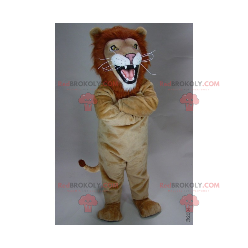 Mascote leão bege com juba de fogo - Redbrokoly.com