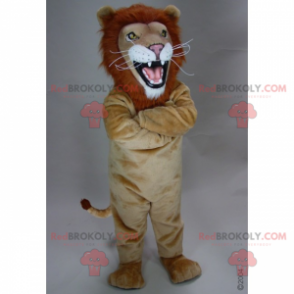 Beige lejonmaskot med eldig man - Redbrokoly.com