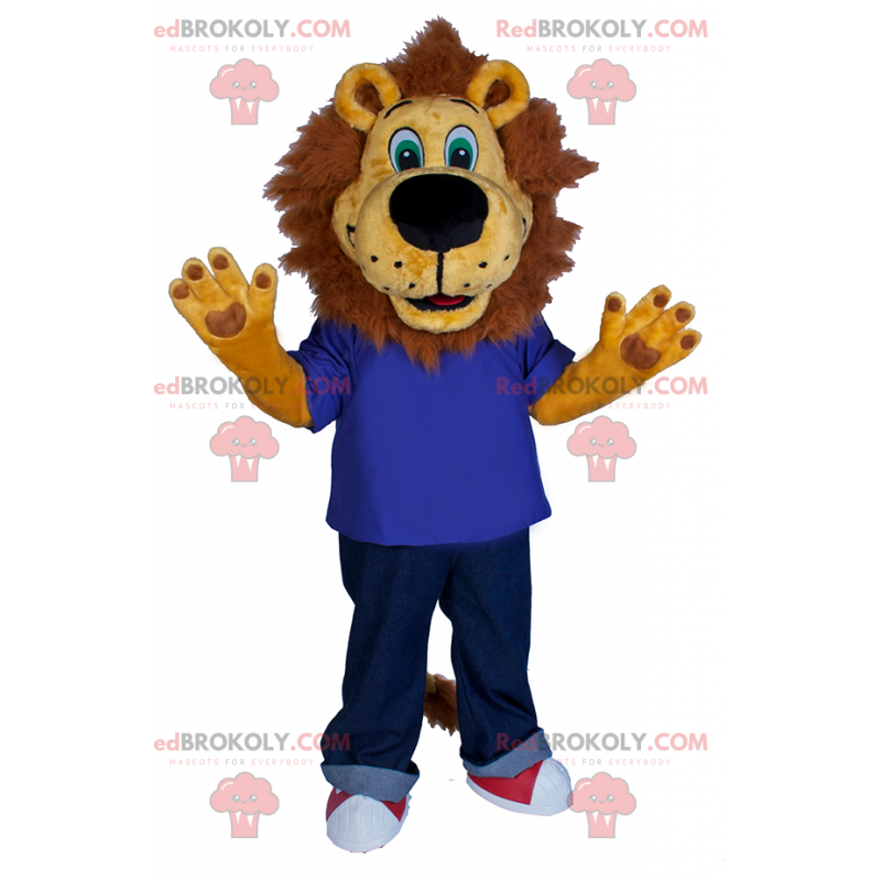 Mascotte leone in jeans e scarpe da ginnastica - Redbrokoly.com