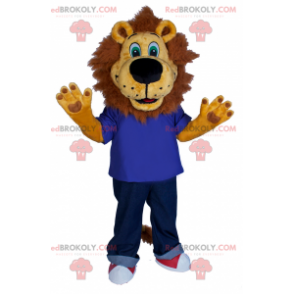 Mascotte leone in jeans e scarpe da ginnastica - Redbrokoly.com