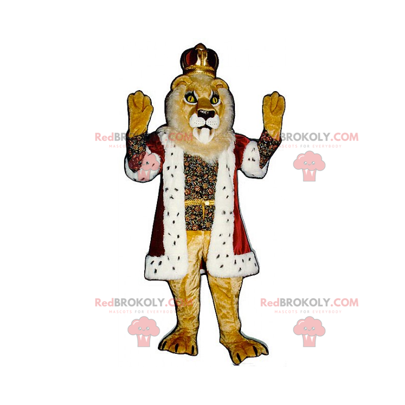 Mascotte leone vestito da re con corona - Redbrokoly.com