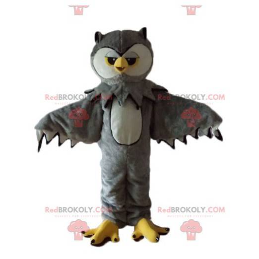 Mascotte de hibou gris blanc et jaune très réaliste -