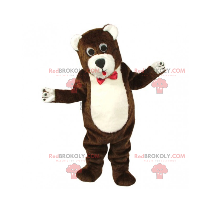 Mascote ursinho de pelúcia marrom e branco com laço -