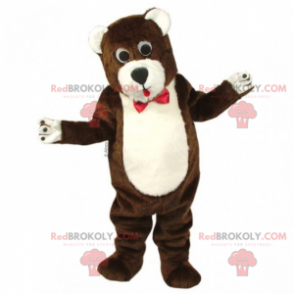 Brun og hvid bamse maskot med sløjfe - Redbrokoly.com