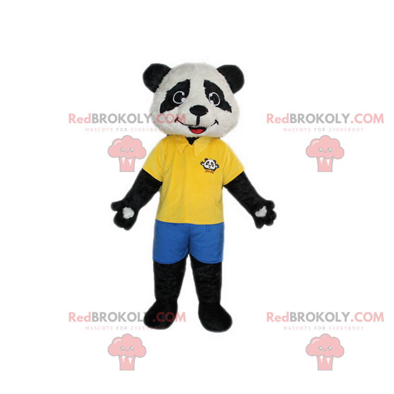 Mascote panda com camisa pólo amarela e shorts - Redbrokoly.com