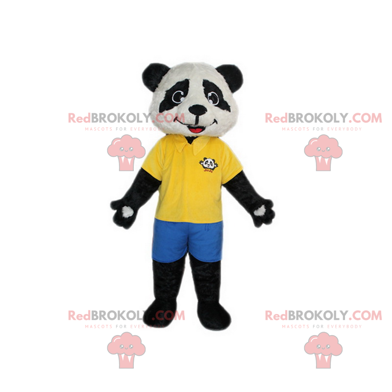 Panda mascotte met geel poloshirt en korte broek - Panda mascotte met geel poloshirt en korte broek -