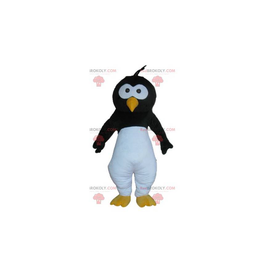 Mascotte d'oiseau noir blanc et jaune de pingouin -