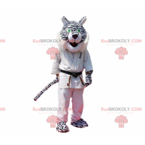Mascotte pantera in bianco e nero in abito da judo -