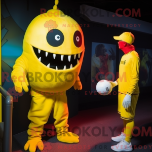 Geel demon-mascottekostuum...