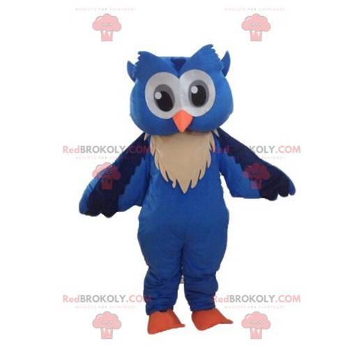 Blå och vit uggelmaskot med stora ögon - Redbrokoly.com
