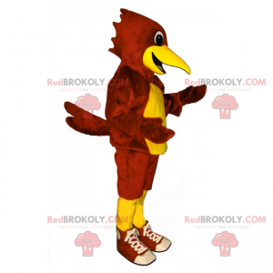 Mascote papagaio vermelho e amarelo com tênis - Redbrokoly.com