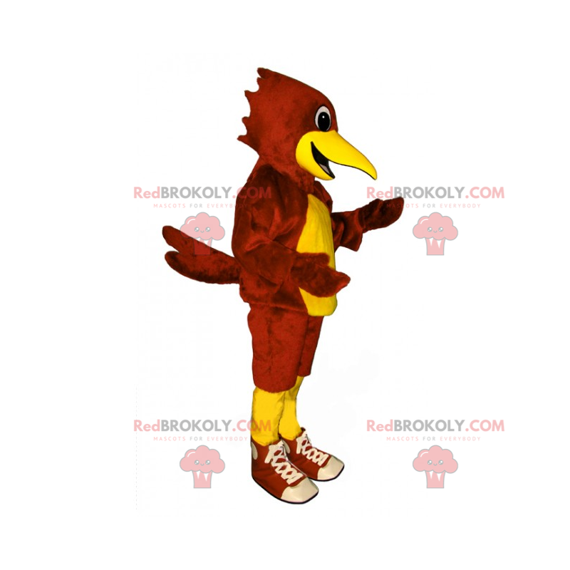 Czerwona i żółta papuga maskotka z trampkami - Redbrokoly.com