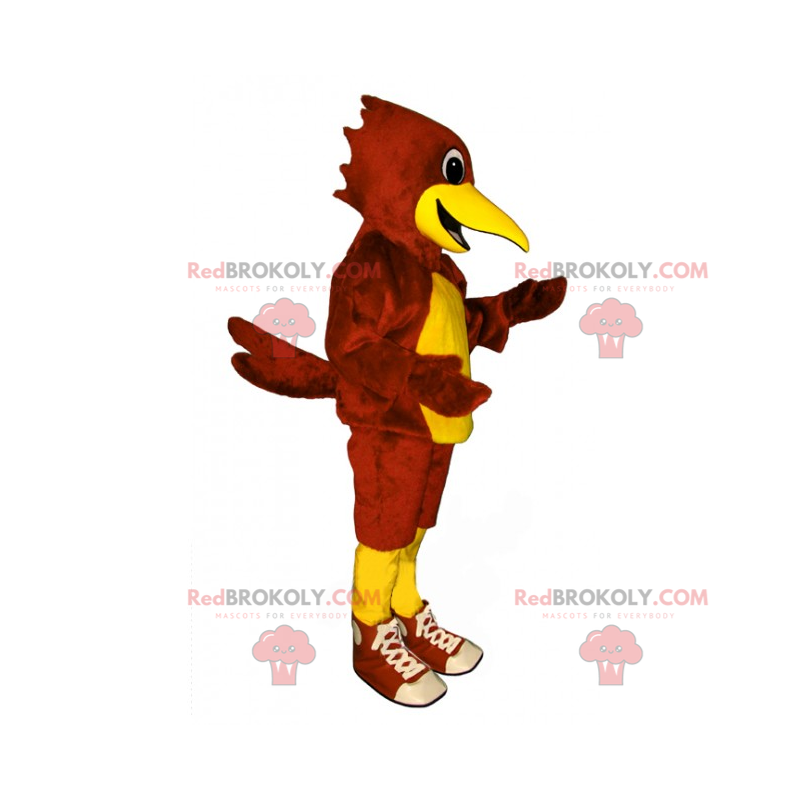 Mascotte de perroquet rouge et jaune avec des baskets -