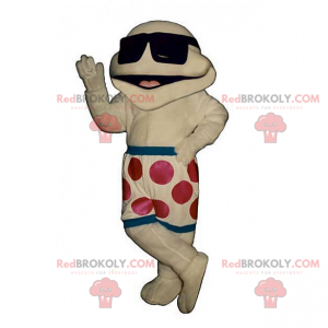 Character mascot in swim shorts and black glasses -