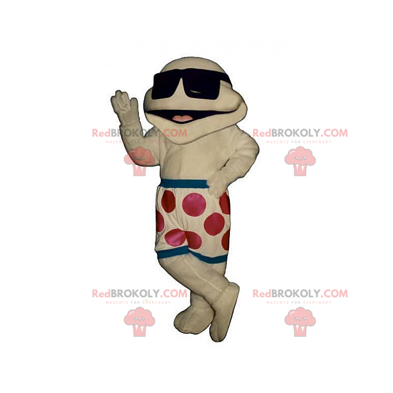 Character mascot in swim shorts and black glasses -