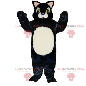 Kleines schwarzes Katzenmaskottchen mit weißem Bauch -