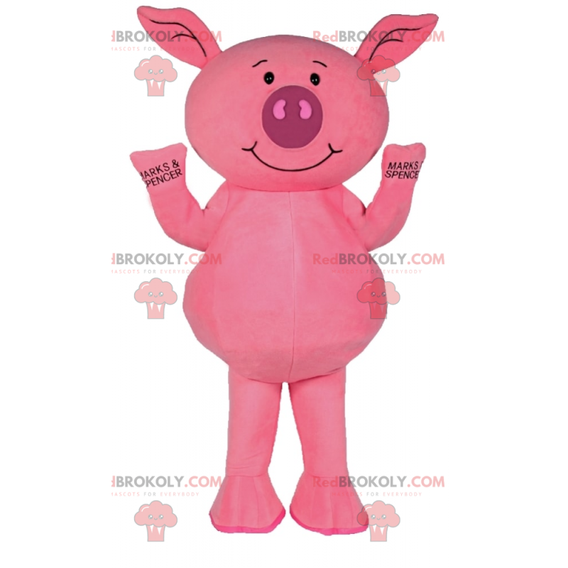 Kleines rosa Schweinemaskottchen lächelnd - Redbrokoly.com