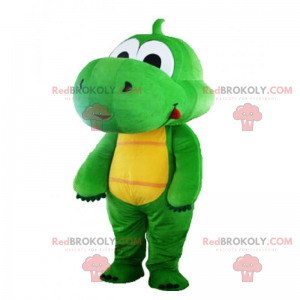 Mascotte piccolo dinosauro verde con un grande naso -