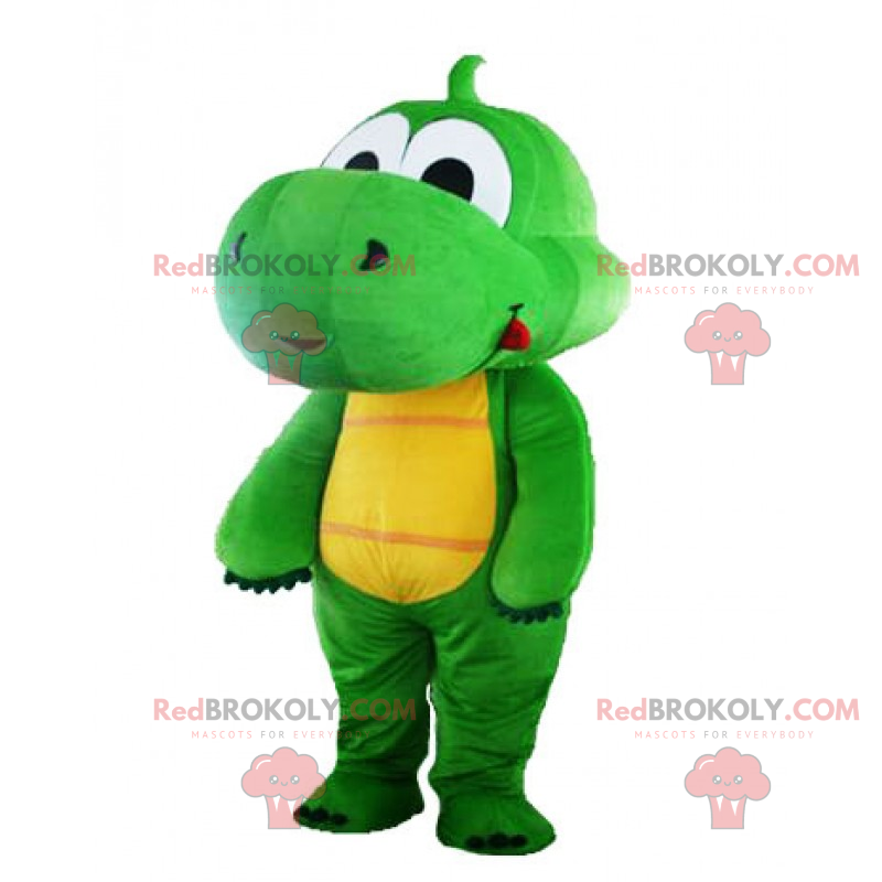Mascote pequeno dinossauro verde com nariz grande -