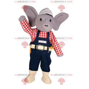 Mascotte elefante con cappello e vestito da operaio -