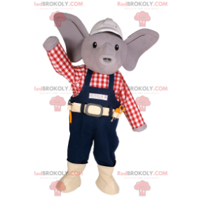 Mascote elefante com boné e roupa de trabalhador -