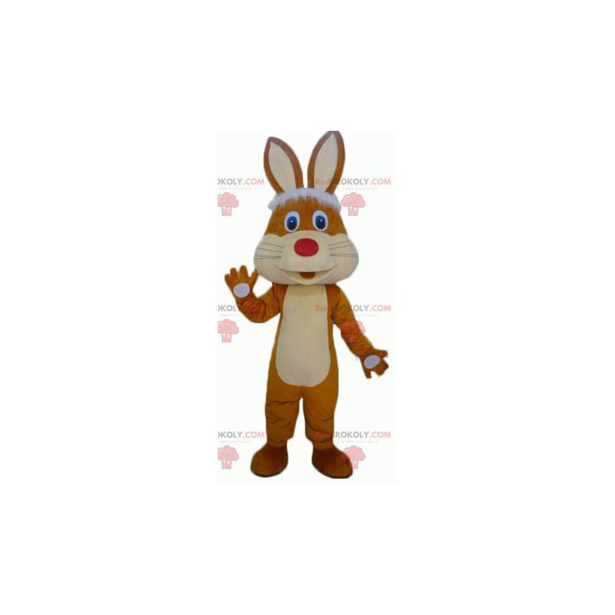 Mascotte de lapin marron et beige mignon et jovial -