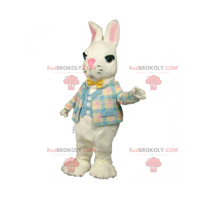 Mascote coelhinho branco com jaqueta xadrez - Redbrokoly.com