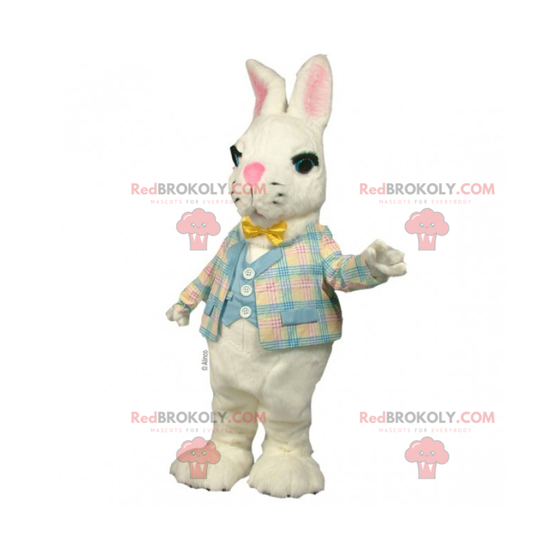 Pequeña mascota conejo blanco con chaqueta a cuadros -