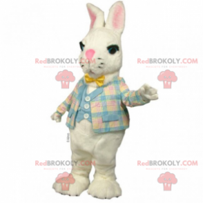 Mascotte de petit lapin blanc avec veste a carreaux -