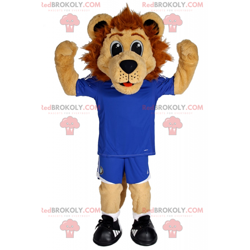 Kleines Löwenmaskottchen in blauer Fußballausrüstung - Kleines Löwenmaskottchen in blauer Fußballausrüstung -
