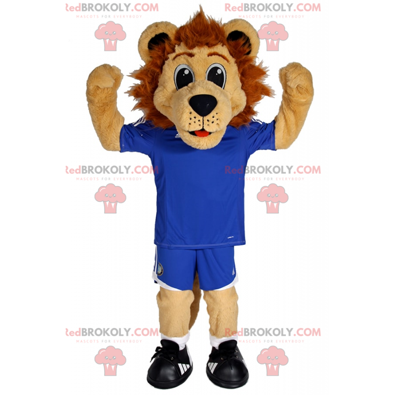 Malý lev maskot v modré fotbalové vybavení - Redbrokoly.com