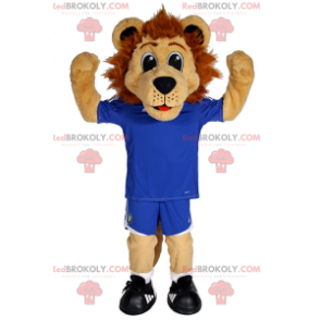 Leão pequeno mascote com roupa de futebol azul - Redbrokoly.com