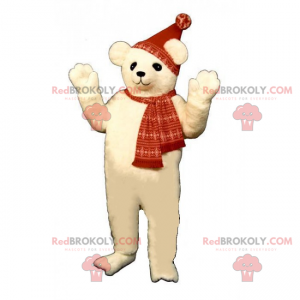 Malý maskot ledního medvěda s kloboukem a šátkem -