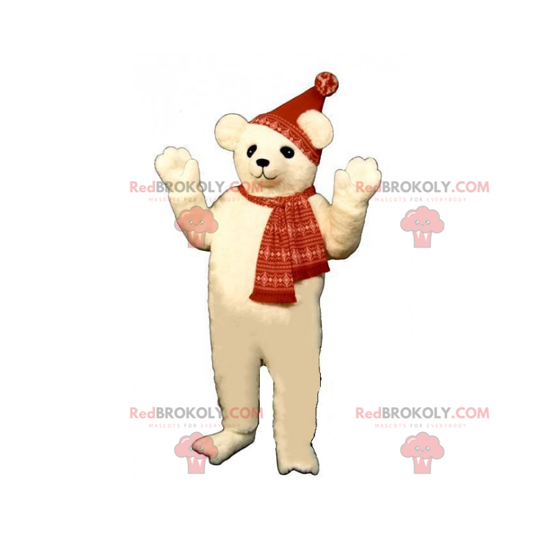 Malý maskot ledního medvěda s kloboukem a šátkem -