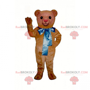 Kleine teddybeer mascotte met grote blauwe strik -