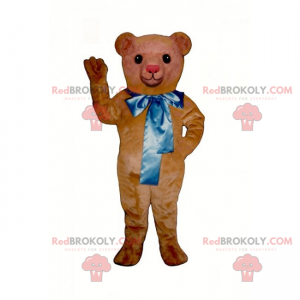 Liten nallebjörnmaskot med stor blå rosett - Redbrokoly.com