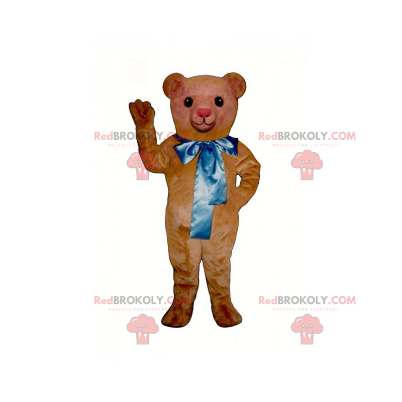 Liten nallebjörnmaskot med stor blå rosett - Redbrokoly.com