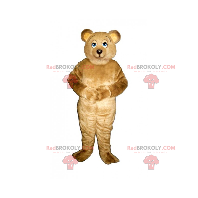 Liten beige bamse maskot med blå øyne - Redbrokoly.com