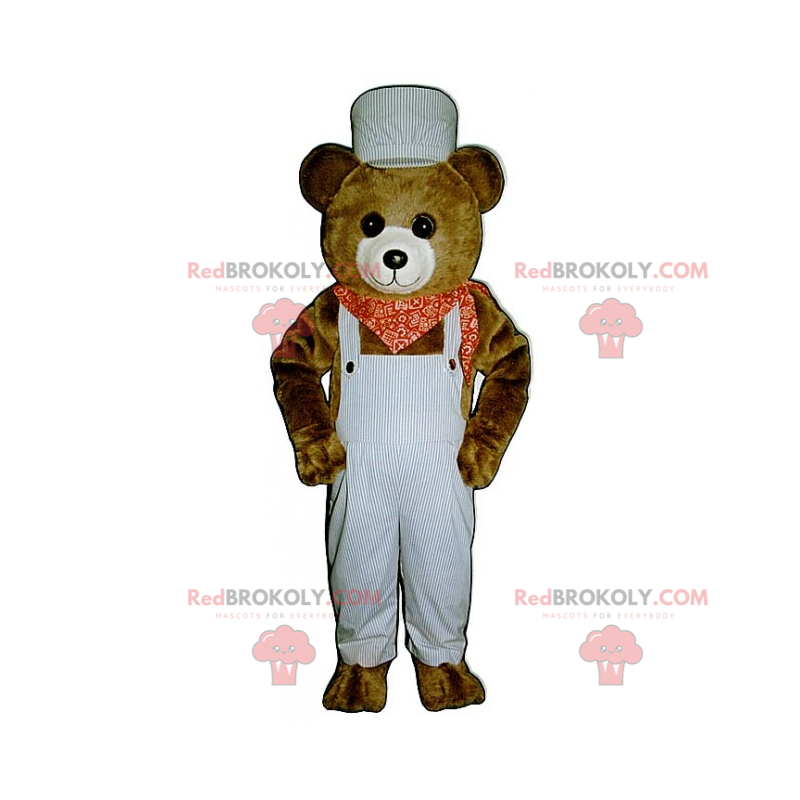 Mascot lille brun bjørn med overall og bandana - Redbrokoly.com